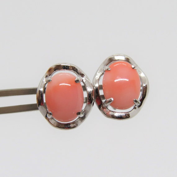 Vintage Sterling Silver Oval Salmon Coral Earrings - image 5