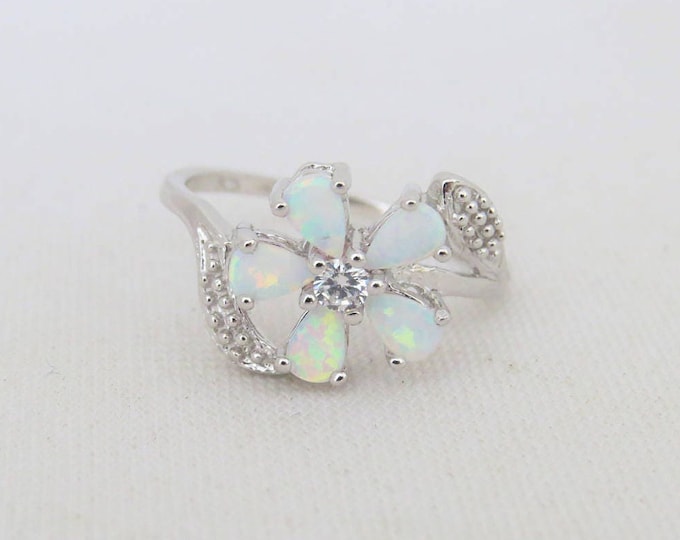 Vintage Sterling Silver White Opal & White Topaz Flower Ring Size 10