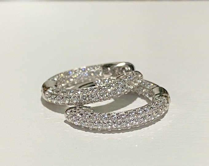 Vintage Sterling Silver White Sapphire Hoop Earrings.