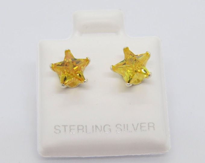 Vintage Sterling Silver Star cut Citrine Stud Earrings 7MM