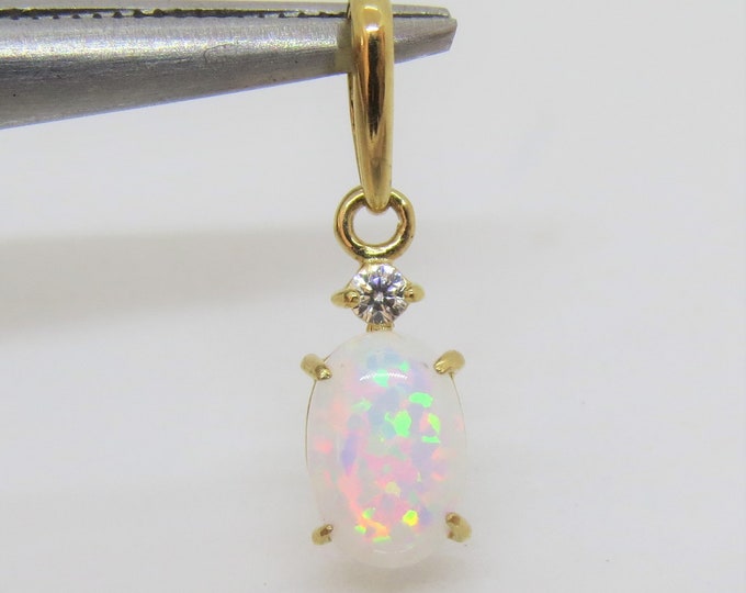 Vintage 14K Solid Yellow Gold Oval White Opal & White Topaz Tiny Pendant