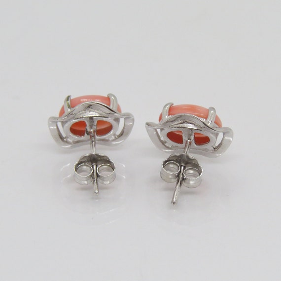 Vintage Sterling Silver Oval Salmon Coral Earrings - image 2