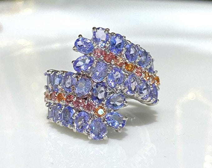 Vintage Sterling Silver Natural Tanzanite & Orange Sapphire Ring Size 7.75