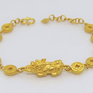 24K 999 Pure Gold 3D Pixiu With Money Coin Link Chain
