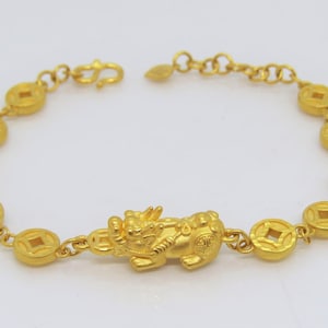 24K 999 Pure Gold 3D Pixiu with Money Coin Link Chain Vintage Bracelet 7 1/2''