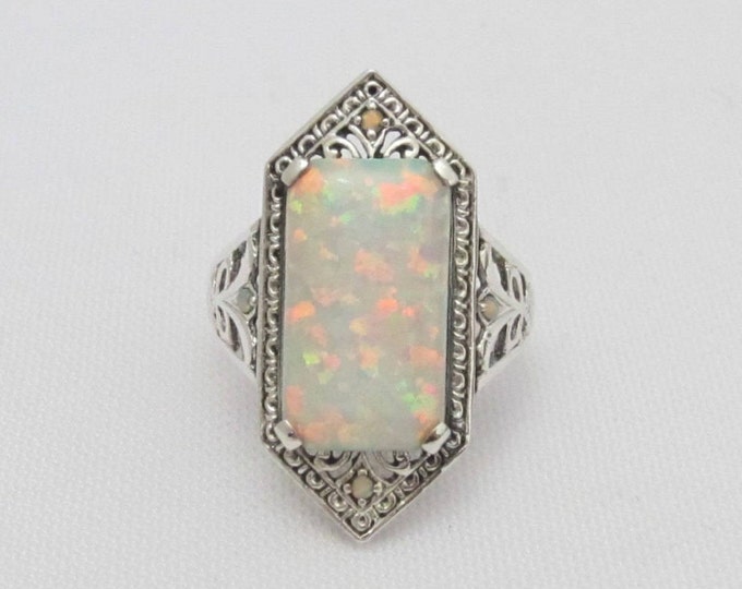 Vintage Sterling Silver White Opal Filigree Ring Size 9