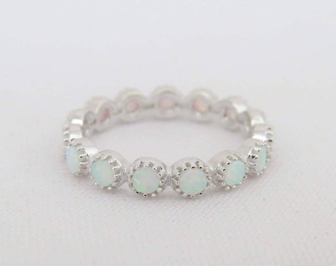 Vintage Sterling Silver Round White Opal Eternity Band Ring Size 8