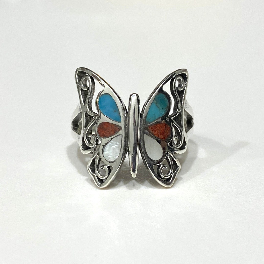 Vintage Sterling Silver Turquoise & Red Coral, Mother of Pearl ...