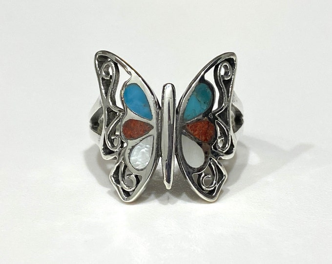Vintage Sterling Silver Turquoise & Red Coral, Mother of Pearl Butterfly Ring Size 8