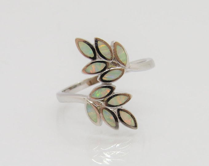 Sterling Silver White Opal Leaf Bypass Ring Size 6