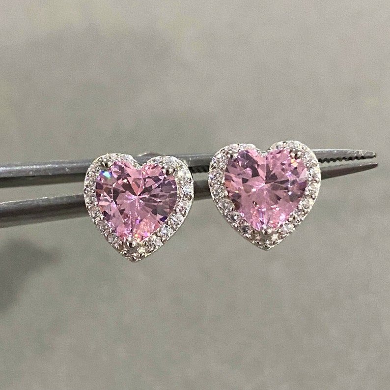 Sterling Silver Pink Sapphire & White Topaz Heart Earrings. image 10