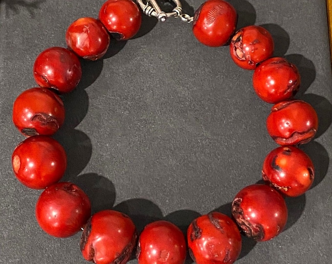 Vintage Round Natural Red Coral Sterling Silver 925 Bead Necklace 17''