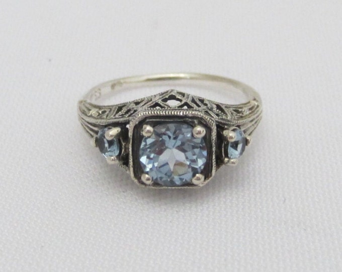 Vintage Sterling Silver Aquamarine Three Stone Filigree Ring Size 7