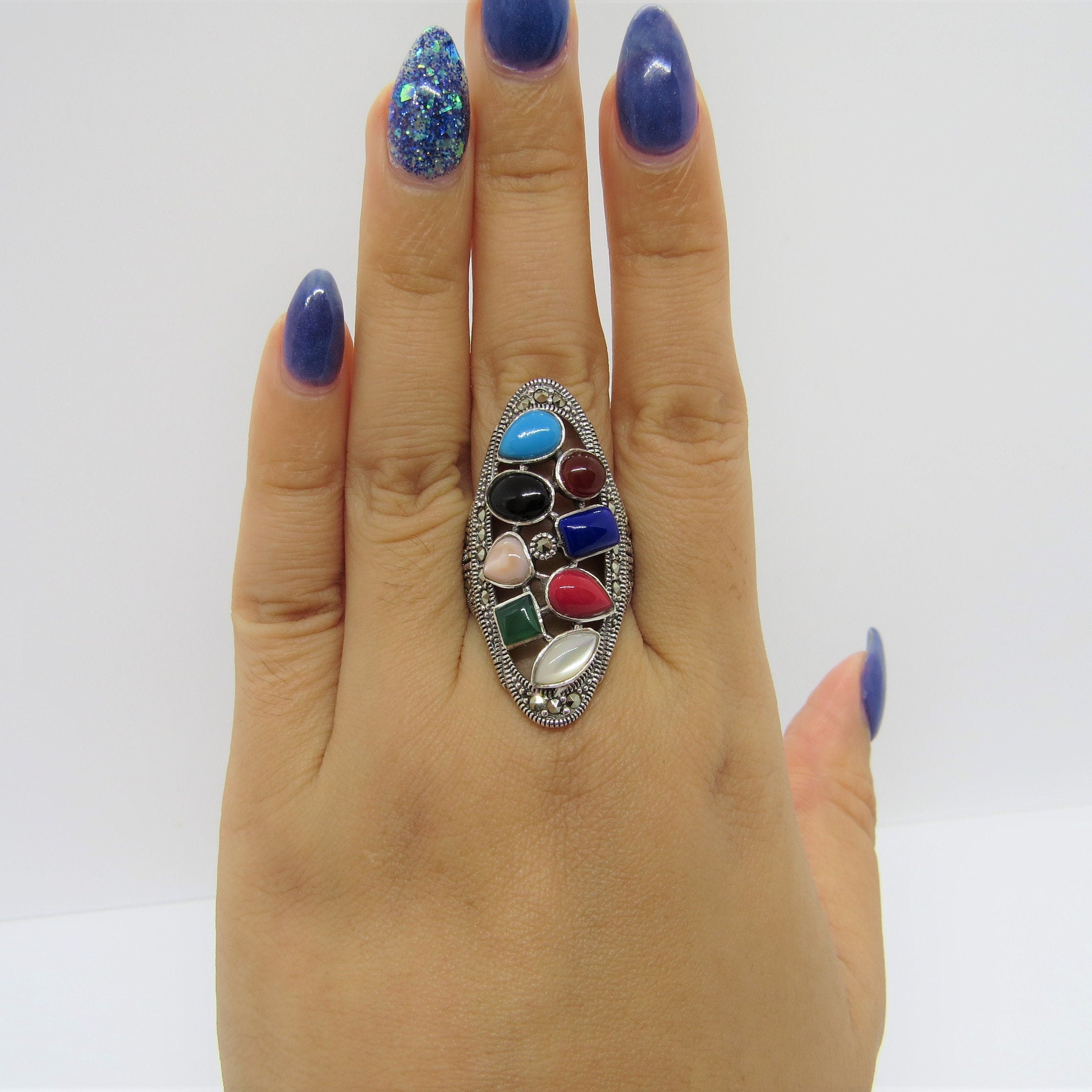 Vintage Sterling Silver Multi Color Gemstone & Marcasite