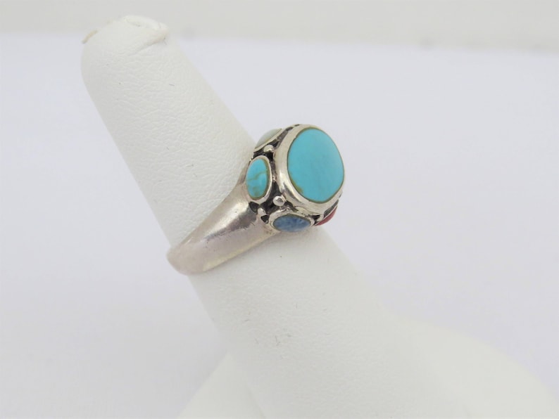 Vintage Sterling Silver Turquoise Mixed Gemstone Oval Dome Ring Size 6