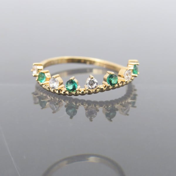Vintage 18K Solid Yellow Gold Emerald & White Topaz Ring Size 5.75