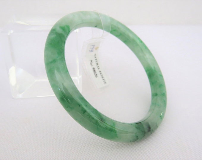Vintage Translucent Natural Floral Green Jadeite Jade Bangle Bracelet 53.7MM