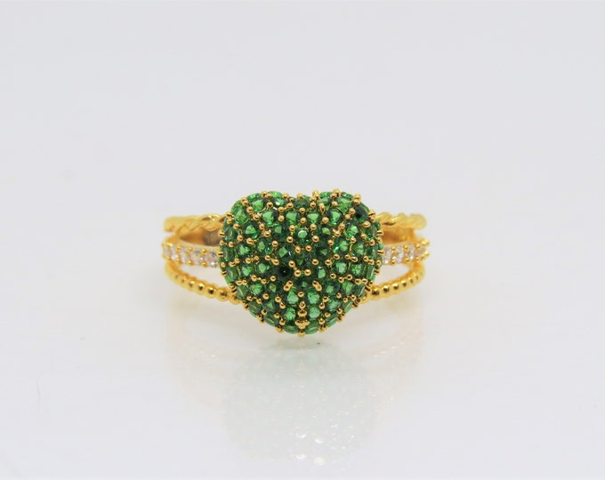 Vintage 18K Solid Yellow Gold Emerald & White Topaz Heart Ring Size 6