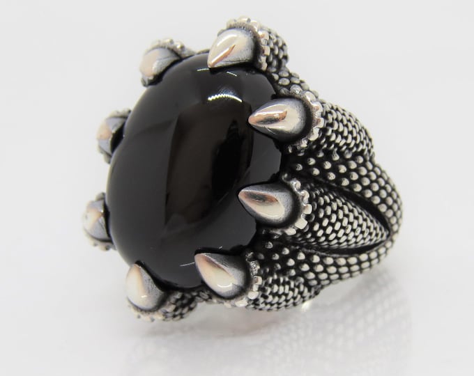 Vintage Gothic Sterling Silver Black Onyx Eagle Claw Men Ring Size 10