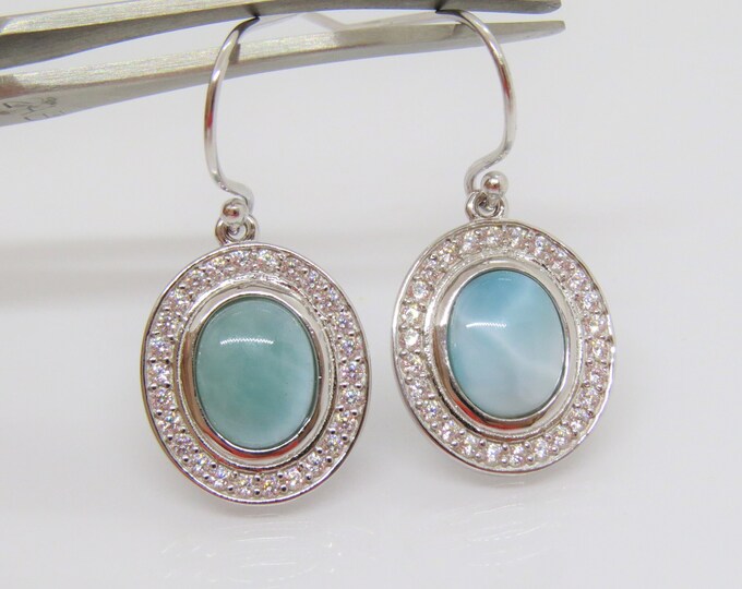 Vintage Sterling Silver Natural Oval Larimar & White Topaz Halo Dangle Earrings
