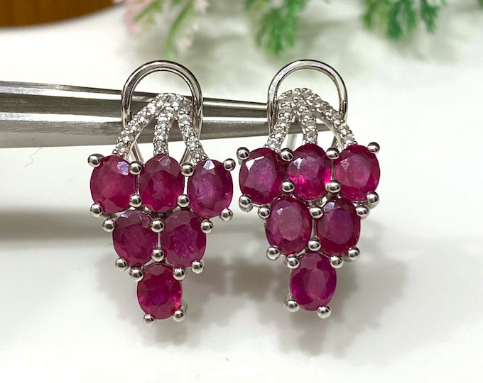Vintage Sterling Silver Natural Oval cut Ruby & White Topaz Grape Earrings.