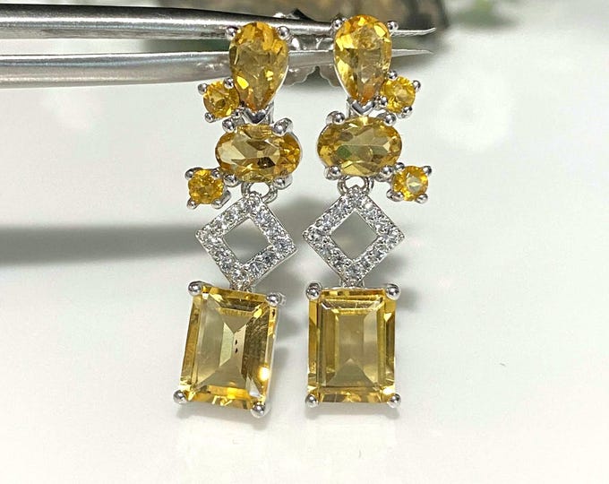 Vintage Sterling Silver Natural Citrine & White Topaz Dangle Earrings.