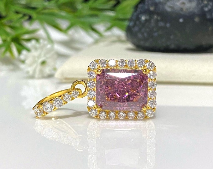 Vintage 15K 610 Solid Gold Pink Tourmaline & White Topaz Rectangular Pendant.