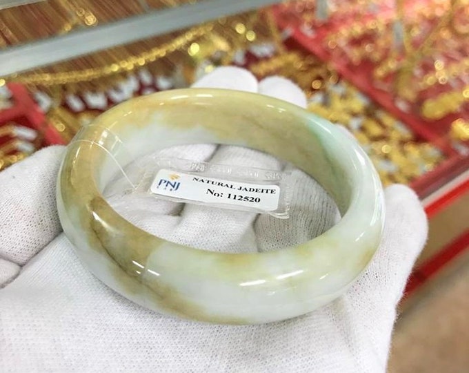 Translucent Natural Green White, Honey Jadeite Jade Vintage Bangle Bracelet 55.7MM