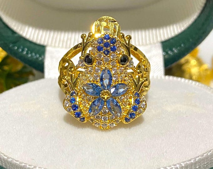 Vintage 15K 610 Solid Yellow Gold Blue Sapphire & White Topaz Black Sapphire Eye's Frog Flower Ring Size 8.25