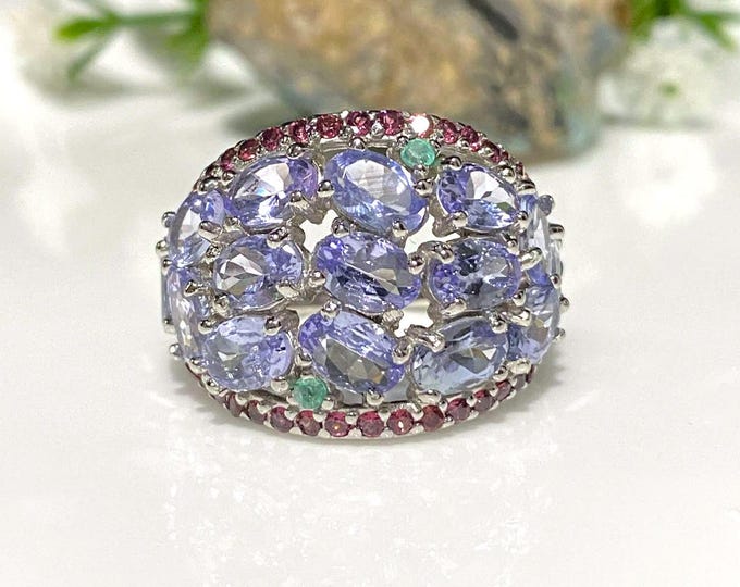 Vintage Sterling Silver Natural Tanzanite & Emerald, Rhodolite Ring Size 9