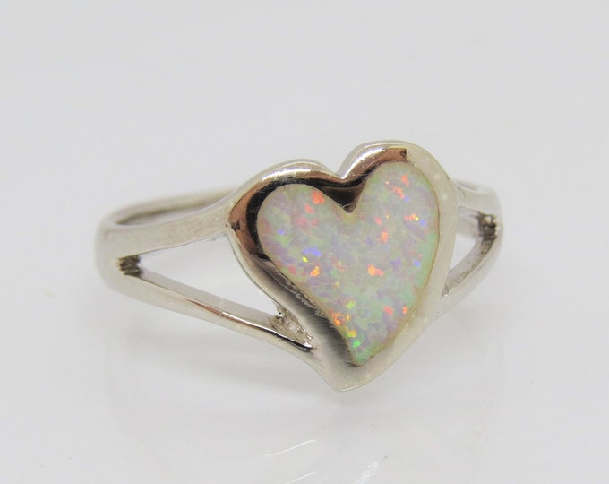 Vintage Sterling Silver White Opal Heart Ring Size 8