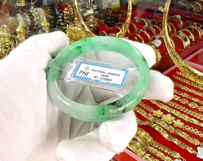 Translucent Natural Green, White & Black Jadeite Jade Vintage Bangle Bracelet 56.1MM
