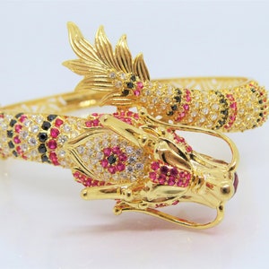 18K Solid Yellow Gold Ruby, Black Sapphire & White Topaz Dragon Vintage Bangle Bracelet 54MM 7&#39;&#39; Long.