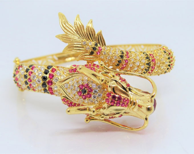 18K Solid Yellow Gold Ruby, Black Sapphire & White Topaz Dragon Vintage Bangle Bracelet 54MM 7'' Long.