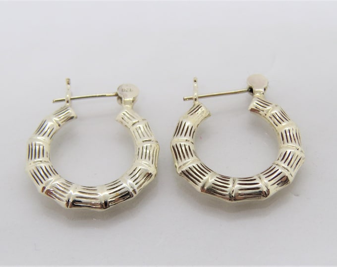 Vintage Sterling Silver Bamboo Carved Hoop Earrings