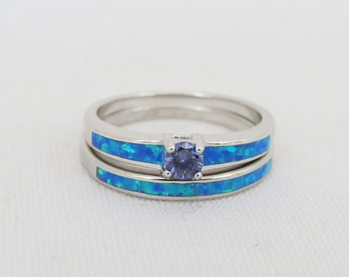 Vintage Sterling Silver Tanzanite & Inlay Blue Opal Ring Set Size 6