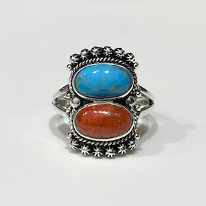 Vintage Sterling Silver Turquoise & Red Coral Ring 8