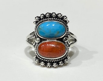 Vintage Sterling Silver Turquoise & Red Coral Ring 8