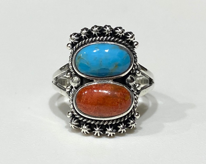 Vintage Sterling Silver Turquoise & Red Coral Ring 8