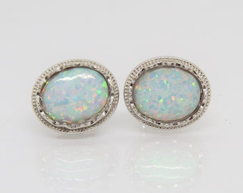 Vintage Sterling Silver Oval White Opal Earrings