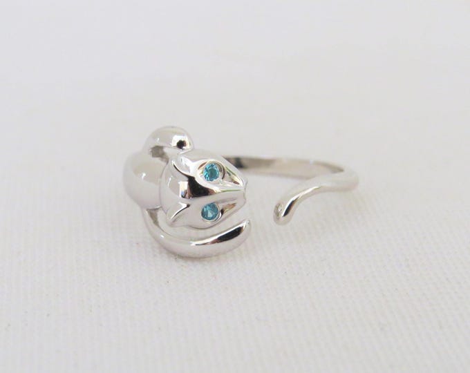 Vintage Sterling Silver Aquamarine on Eyes Cat Ring Size 8