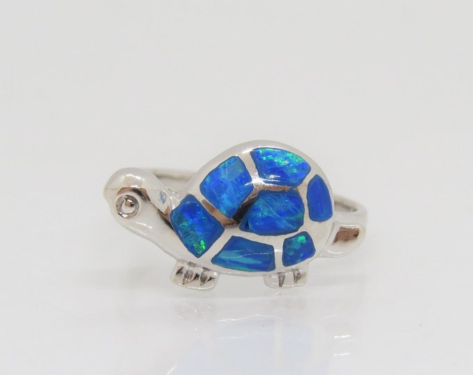 Sterling Silver Blue Opal Turtle Ring Size 8