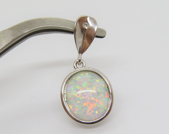 Vintage Sterling Silver Oval White Opal & White Topaz Pendant