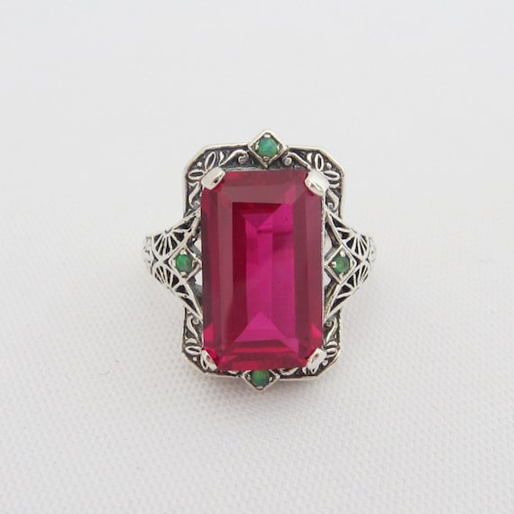 Vintage Sterling Silver Ruby & Green Opal Filigre… - image 1