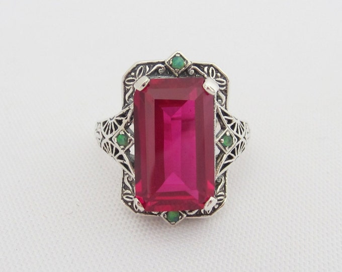 Vintage Sterling Silver Ruby & Green Opal Filigree Ring Size 6
