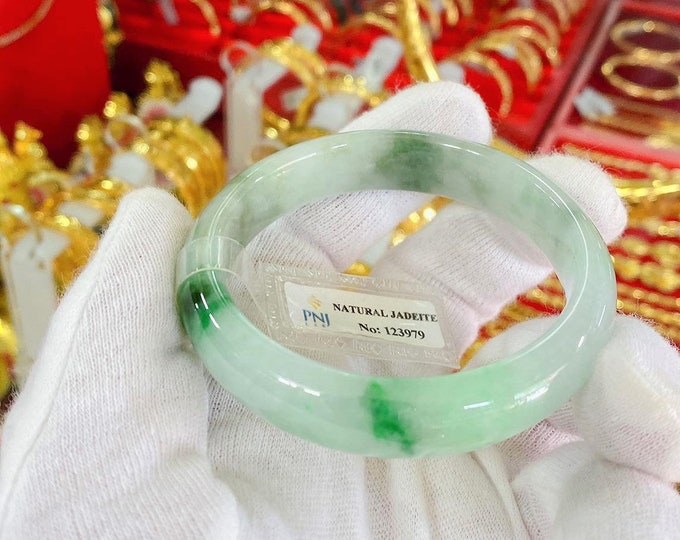 Translucent Natural Light Green, White & Grey Jadeite Jade Vintage Bangle Bracelet 54.1MM