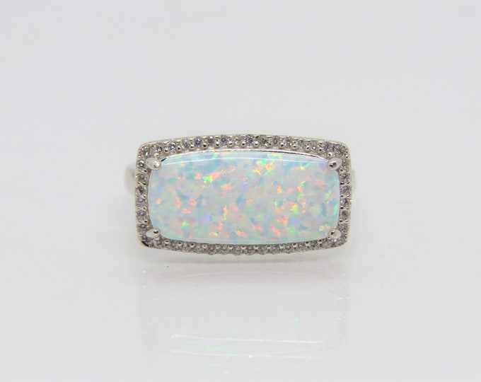 Vintage Sterling Silver White Opal & White Topaz Domed Ring Size 8