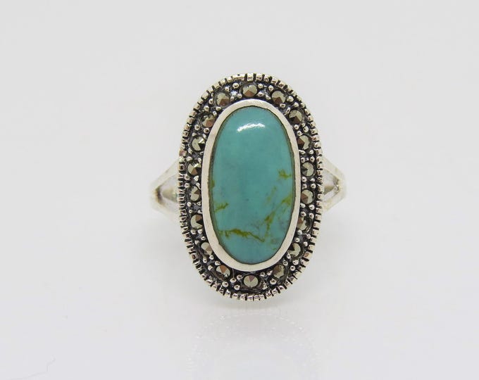 Vintage Sterling Silver Turquoise & Marcasite Oval Dome Ring Size 9