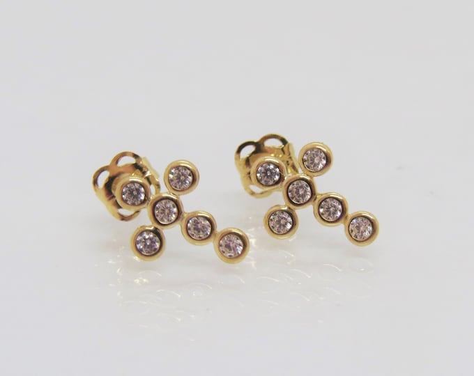 Vintage 14K Solid Yellow Gold White Topaz Cross Stud Earrings