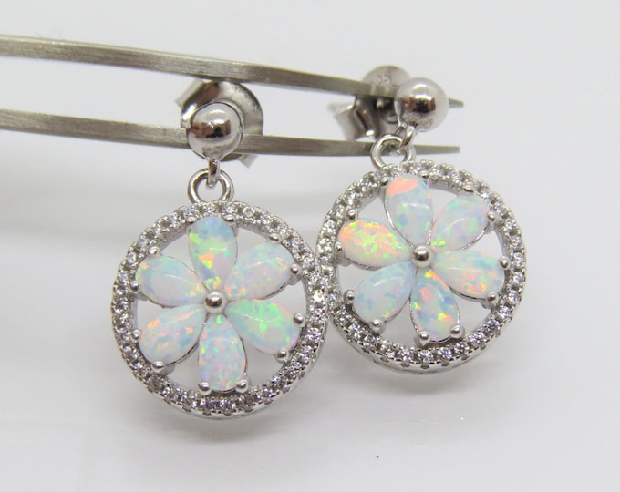 Vintage Sterling Silver White Opal & White Topaz Flower Earrings